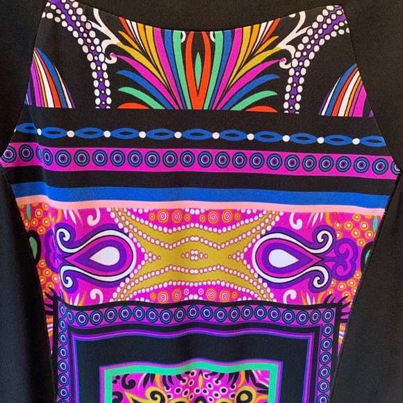 Black knee length dress with colourful design. - Picture 2 of 6